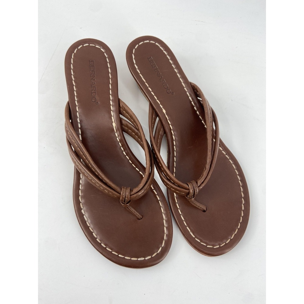 Bernardo Sandals Shoes Womens 10 Brown Miami Leather Thong Cork Wedge Casual